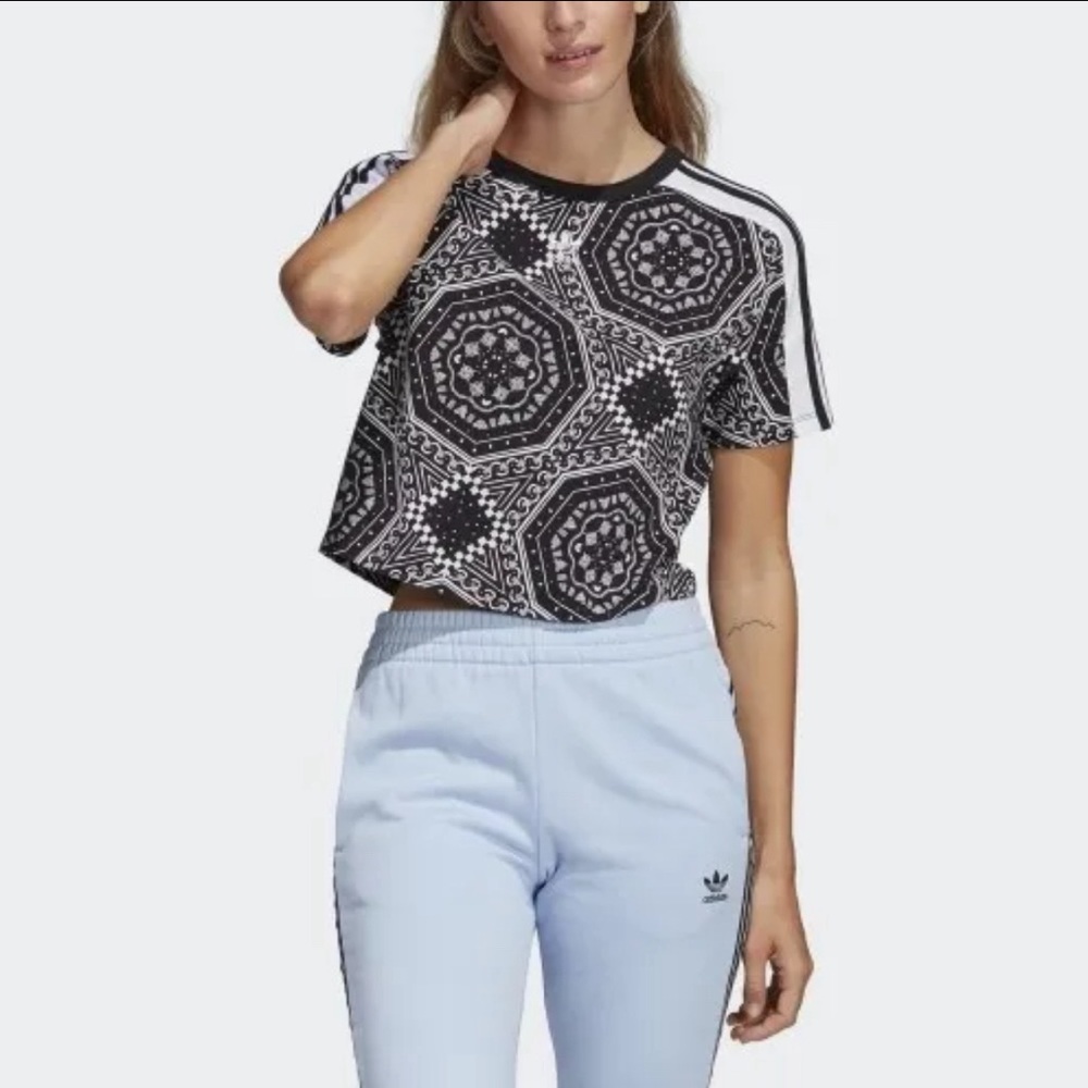 Adidas Originals Women's Cropped Short Sleeve Tee Black White Size M